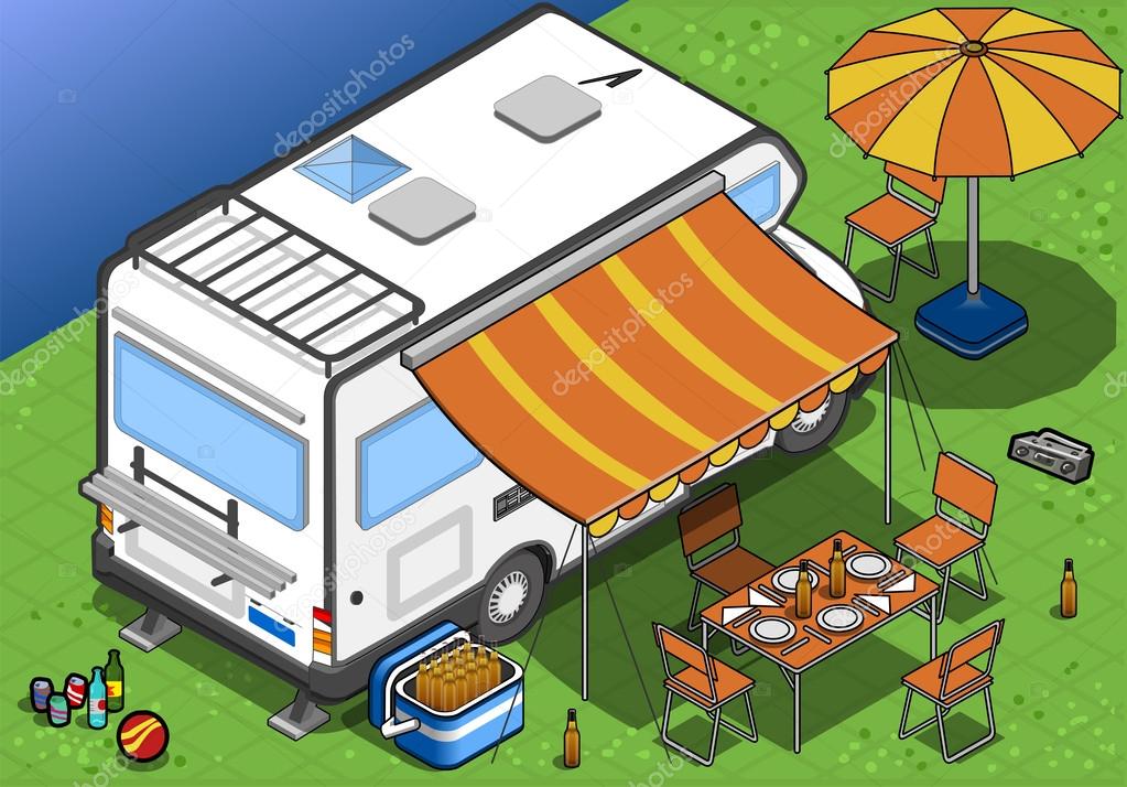 isometric camper in camping in rear view