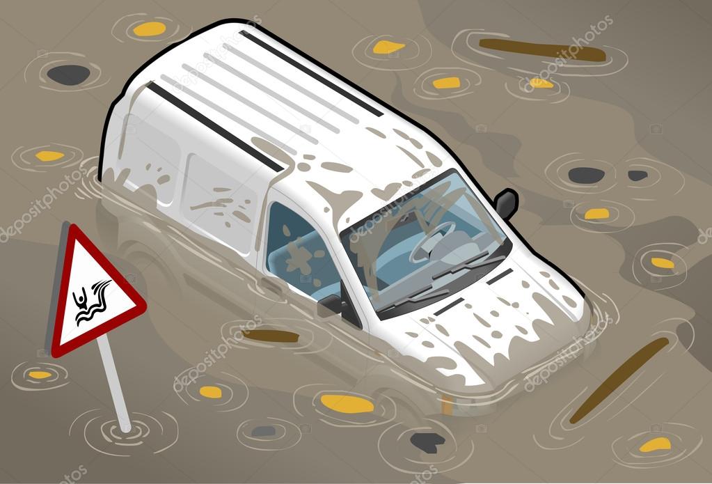 Isometric White Van Flooded in front view