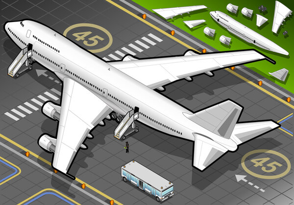 Isometric White Airplane Landed in Rear View