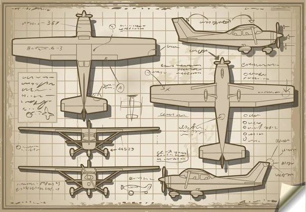 Altes Flugzeugprojekt in fünf Ansichten — Stockvektor