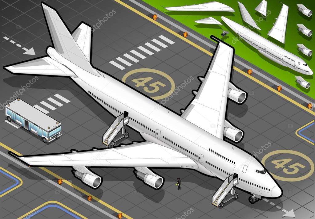 Isometric White Airplane Landed in Front View