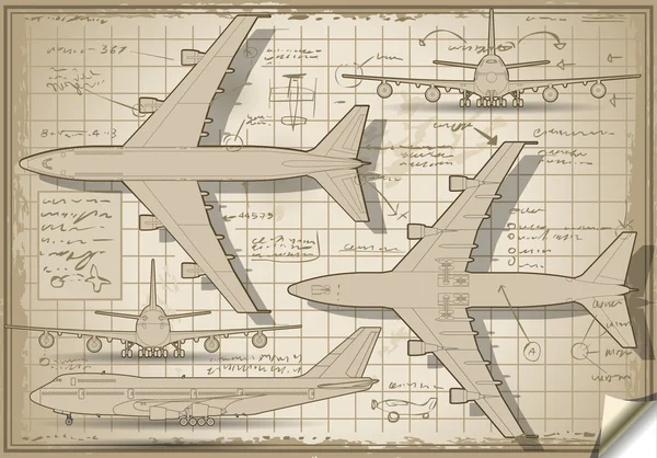 Flugzeugprojekt in fünf orthogonalen Ansichten — Stockvektor
