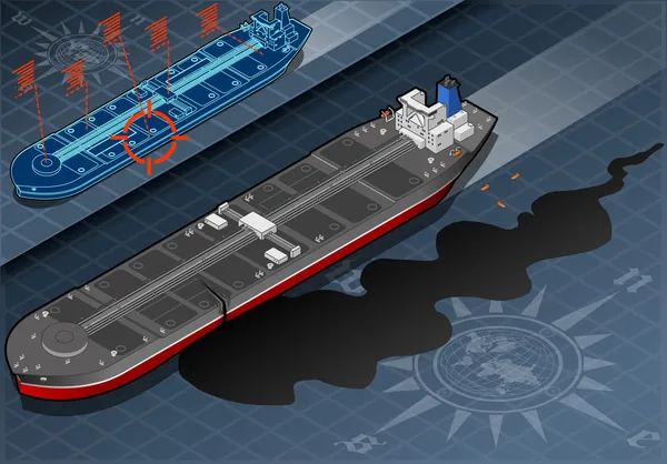 Widok izometryczny statek tankowiec Dziurawy oleju z przodu — Wektor stockowy