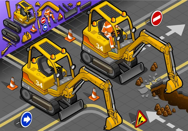 Isometric Mini Excavator with Man at Work in Front View — Stock Photo, Image