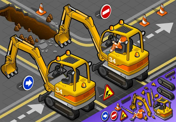 Isometric Mini Excavator with Man at Work in Rear View — Stock Photo, Image