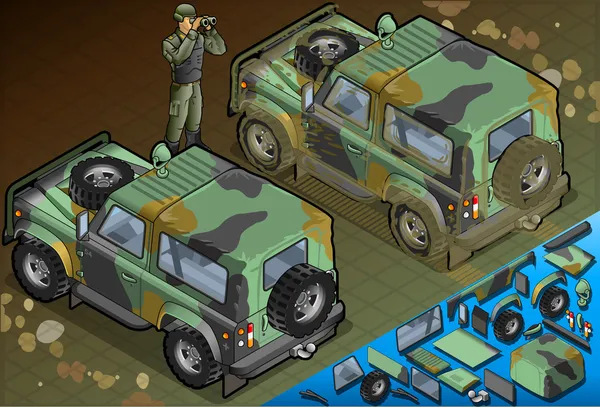 Jeep militare isometrica con soldato in vista posteriore — Foto Stock