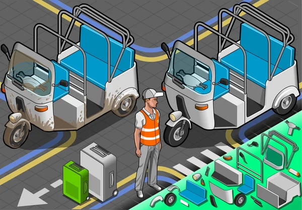 Isometrisk vit rickshaw framför Visa — Stock vektor
