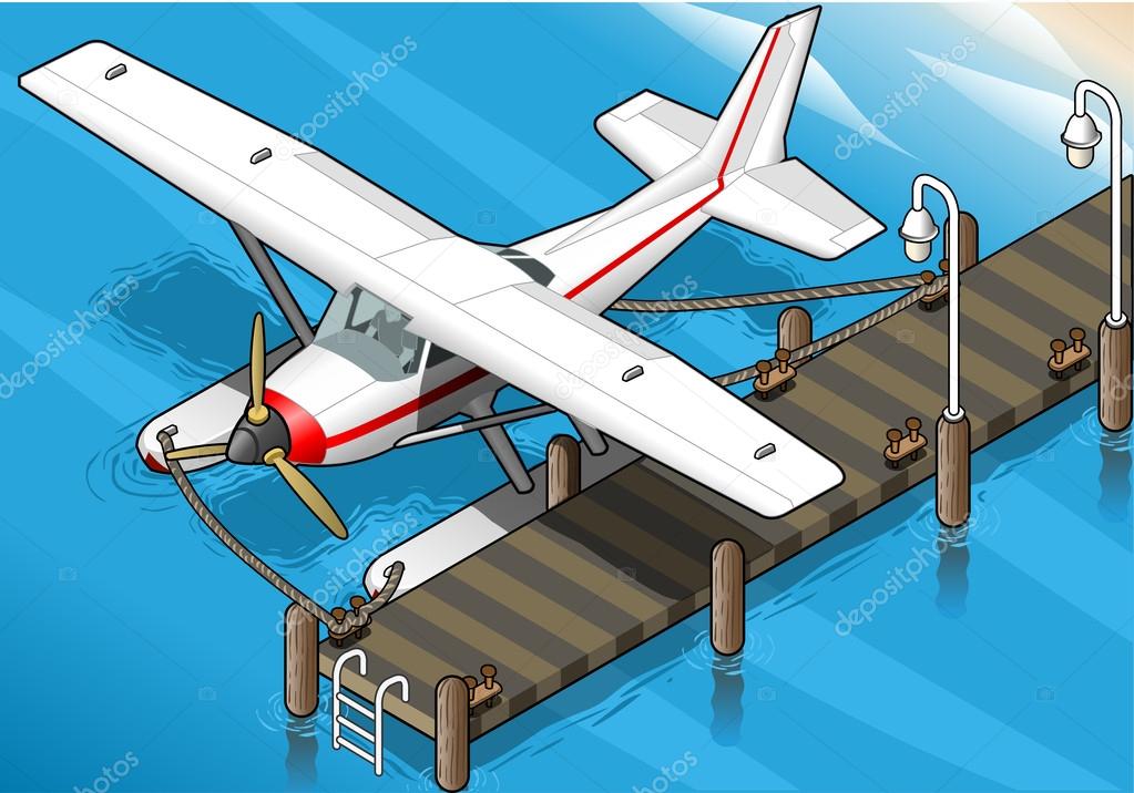 Isometric Seaplane Moored at the Pier in Front View