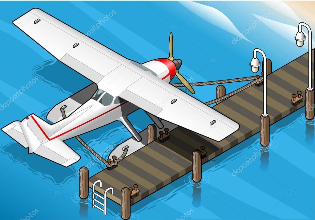 Isometric Seaplane Moored at the Pier in Rear View