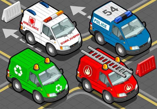 Camions Isometric pompiers, police, ambulance, ramasseur d'ordures dans la vue de face — Image vectorielle