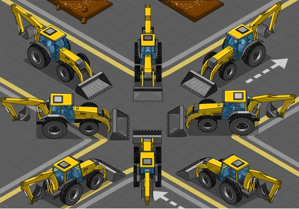 Isometric galben Backhoe în opt poziții — Vector de stoc