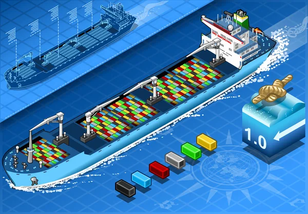Isometrische vrachtschepen met containers op de voorgrond weergeven — Stockvector