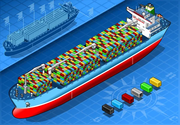 Navire cargo isométrique avec conteneurs isolés dans la vue de face — Image vectorielle