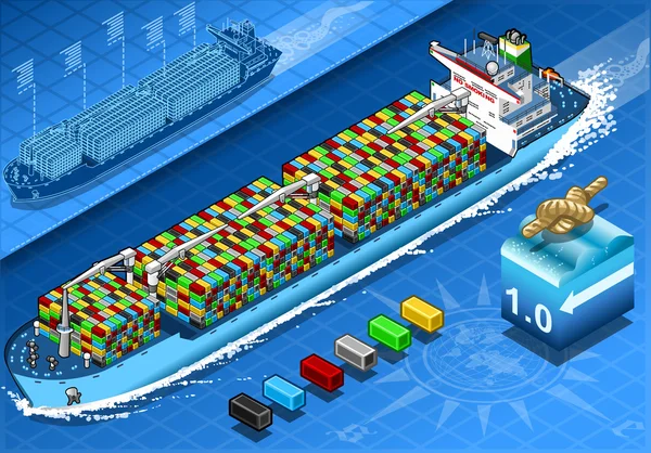 Ισομετρική φορτηγό πλοίο με τα εμπορευματοκιβώτια στη ναυσιπλοΐα στο μέτωπο προβολή — Διανυσματικό Αρχείο