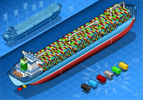 Ισομετρική φορτηγού πλοίου με εμπορευματοκιβώτια απομονωθεί στην πίσω όψη — Διανυσματικό Αρχείο