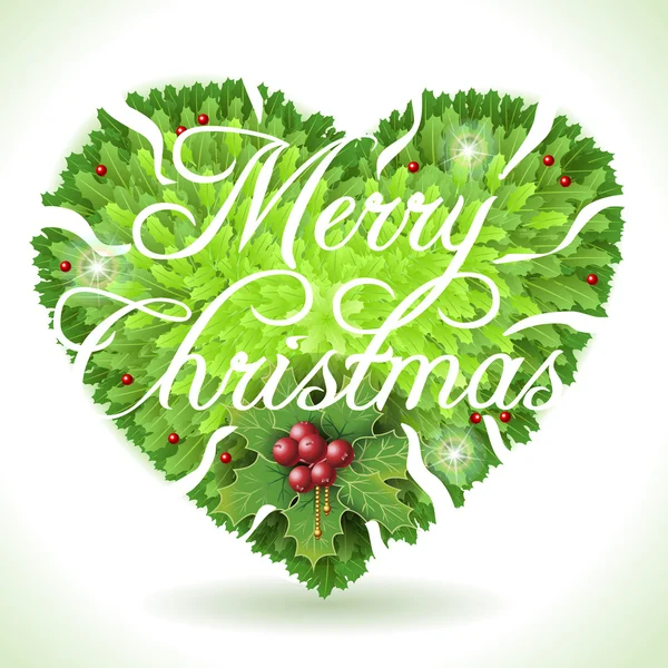 Holly laisse le cœur et joyeux Noël texte calligraphique — Image vectorielle