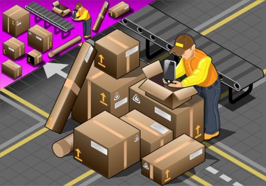 Isometric Packer at Work with Boxes clipart