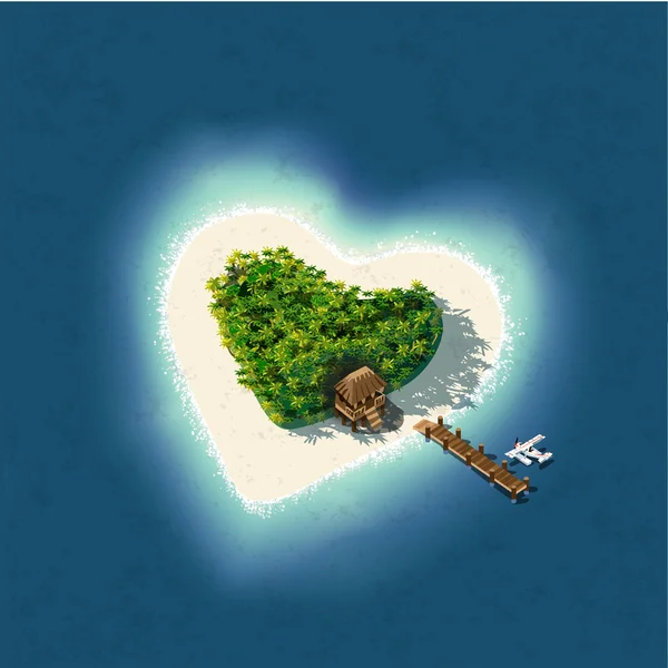 Tropický ostrov pro romantickou dovolenou ve tvaru srdce — Stockový vektor