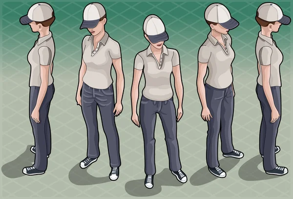 Isometrische Servicefrau in fünf Positionen — Stockvektor