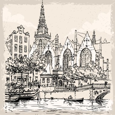 Vintage el amsterdam'ın eski kilisede çizilmiş görünümü