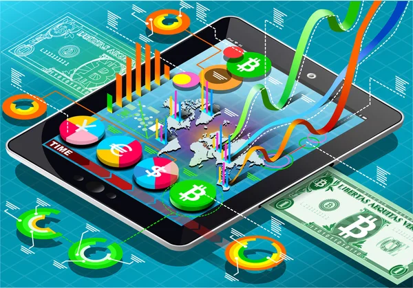 Infografía de monedas virtuales isométricas en la tableta — Vector de stock