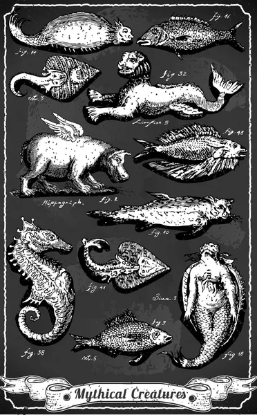 Ensemble vintage de créatures mythiques sur tableau noir — Image vectorielle