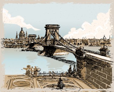 Budapeşte'de lions köprü vintage elle çizilmiş görünümü