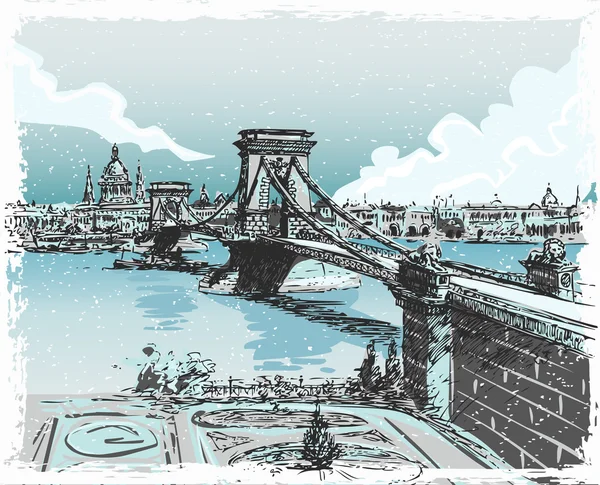 Vintage Hand Drawn View of Lions Bridge in Budapest — Stock Vector