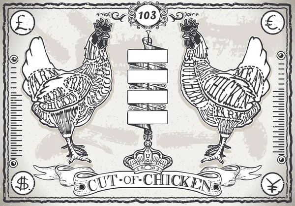 Vintage Pageof English Cut of Chicken — Stock Vector