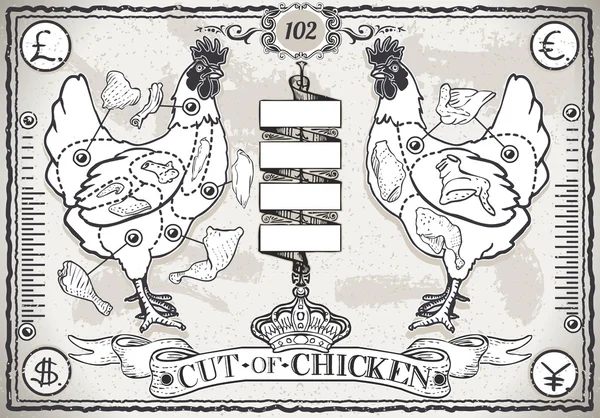 Vintage Page of Cut of Chicken — Stock Vector