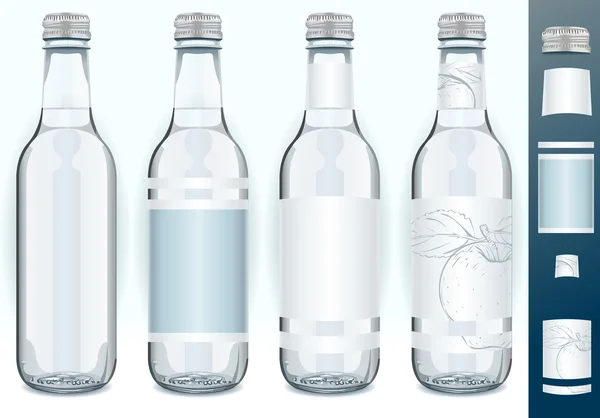 Quatro garrafas de vidro com etiquetas genéricas —  Vetores de Stock
