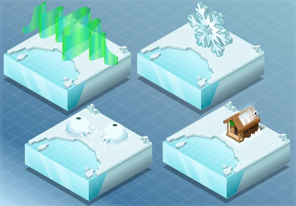 Isometrische Arctische iglo, aurora, sauna, sneeuwvlok — Stockvector