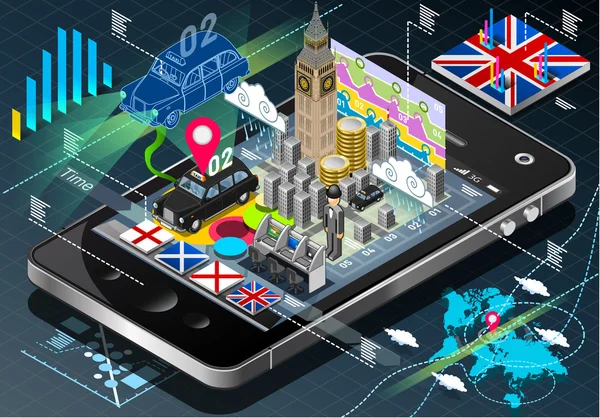Isometrische Infografik von Großbritannien auf dem Handy — Stockvektor