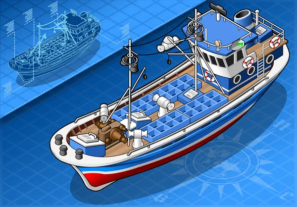 Isometrische vissersboot geïsoleerd op de voorgrond weergeven — Stockvector