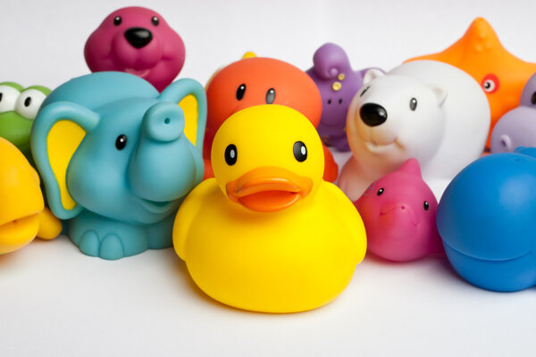 Rubber duck and friends against white background