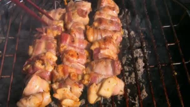 7 ızgara tavuk ve bir kömür pişirme biftek — Stok video