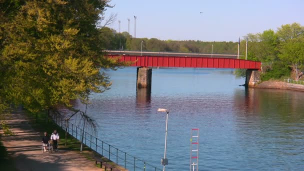 Wandelen in de buurt van brug — Stockvideo