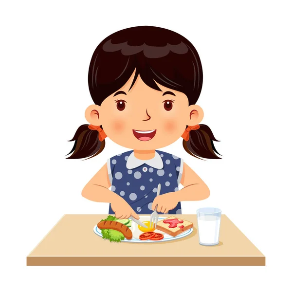 女の子の朝食を食べて幸せ ベクターイラスト — ストックベクタ