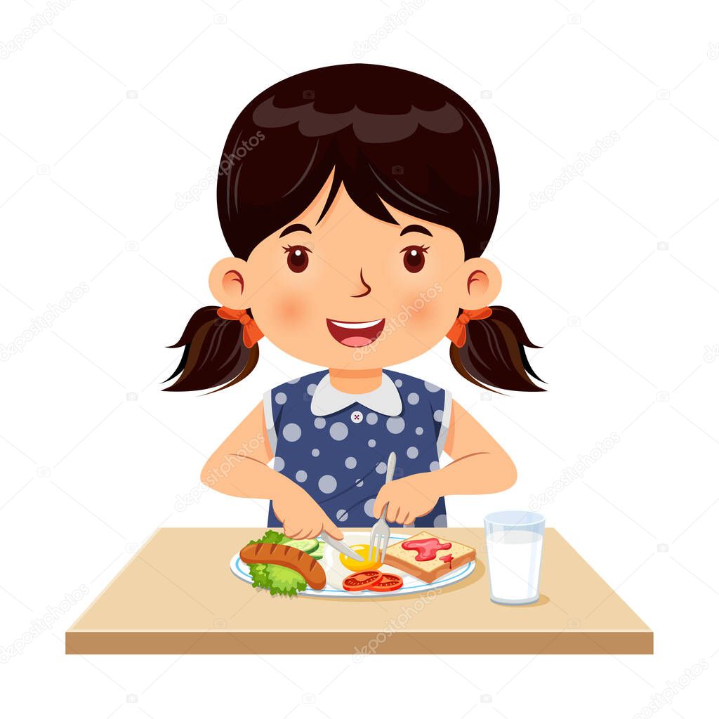 Little girl happy to eating breakfast. Vector illustration