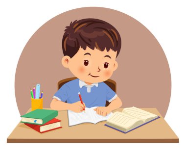 Küçük çocuk masasında okuyup yazarak ödev yapıyor. Vektör illüstrasyonu