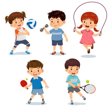 Farklı spor, voleybol, dambıl, ip atlama, masa tenisi, tenis oynayan çocukların temsilcisi. Beyaz bir arkaplanda izole edilmiş