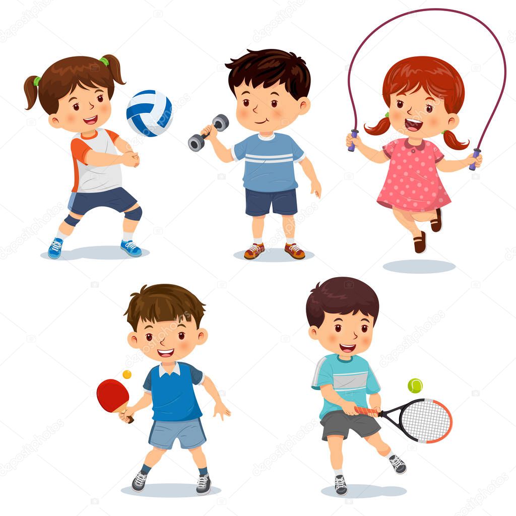 Vector illustration of cute little children playing different sports, volleyball, dumbbell, jump rope, table tennis, tennis. Isolated on a white background
