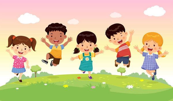Cute boys and girls jumping with joy and fun on the meadow. Cartoon character vector.