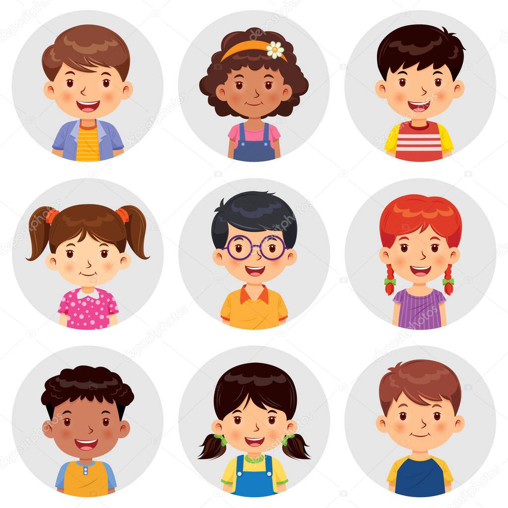 Set of different avatars of boys and girls are smiling on the gray circle flats. Set avatars portraits of boys and girls. Vector illustration