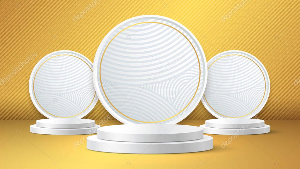White podium and circle scene with golden line stripe background. Empty space for product display presentation. 3d vector illustration.