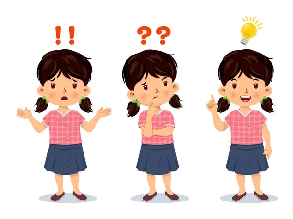 Cute Little Girl Stand Confused Thinking Understand Vector Illustration — Stock Vector