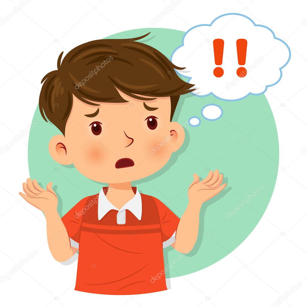 Little boy showing confusion. A bubble with exclamation sign. Isolated on white background. Vector illustration
