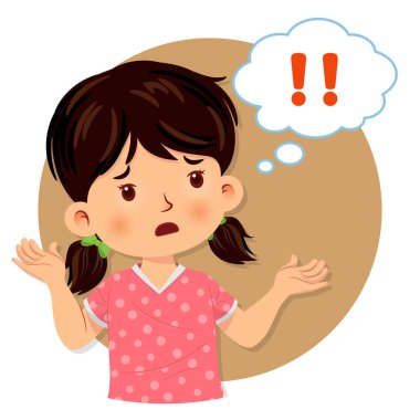 Kafa karışıklığı gösteren küçük kız. Ünlem işareti olan bir baloncuk. Beyaz arka planda izole edilmiş. Vektör illüstrasyonu