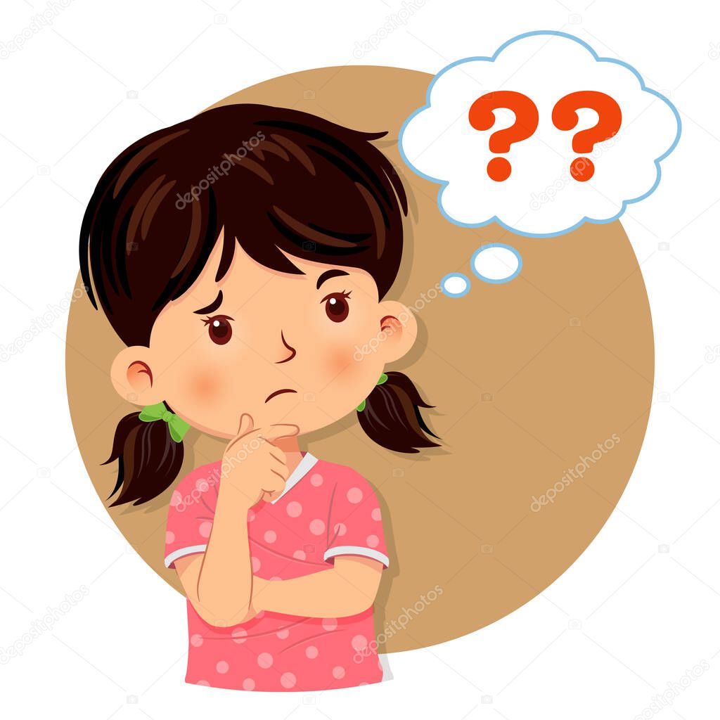 Little girl thinking. A bubble with question sign. Isolated on white background. Vector illustration