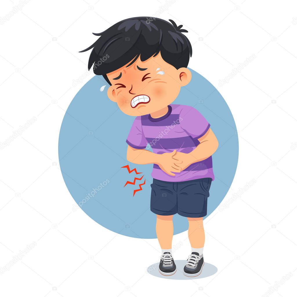Little boy having stomach ache. Child pressing his hand to his abdomen. Health problems concept. Cartoon vector illustration isolated on white background.
